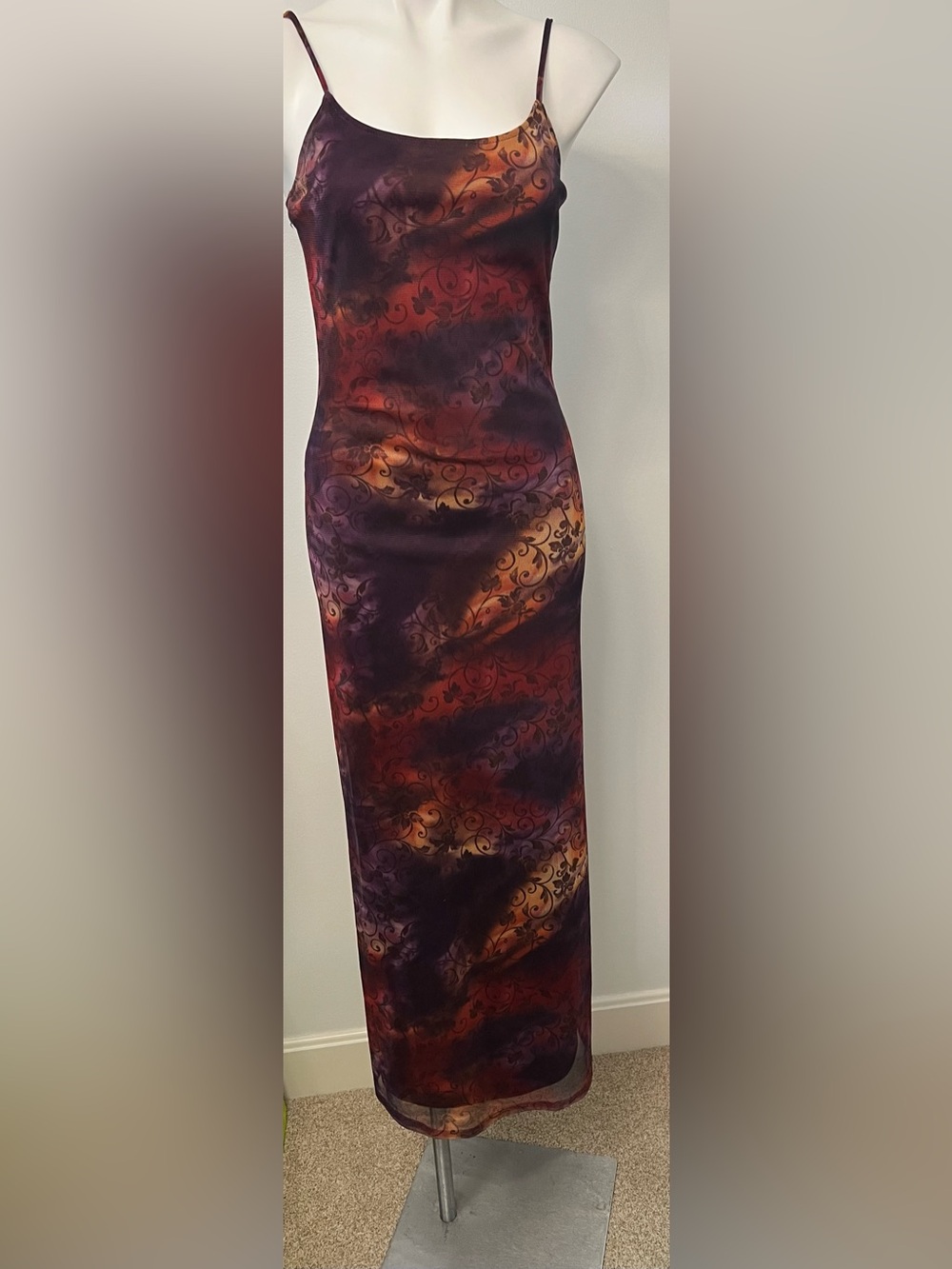 Vintage Y2K Byer Too California Mesh Maxi Dress Floral Swirl Burgundy Size S